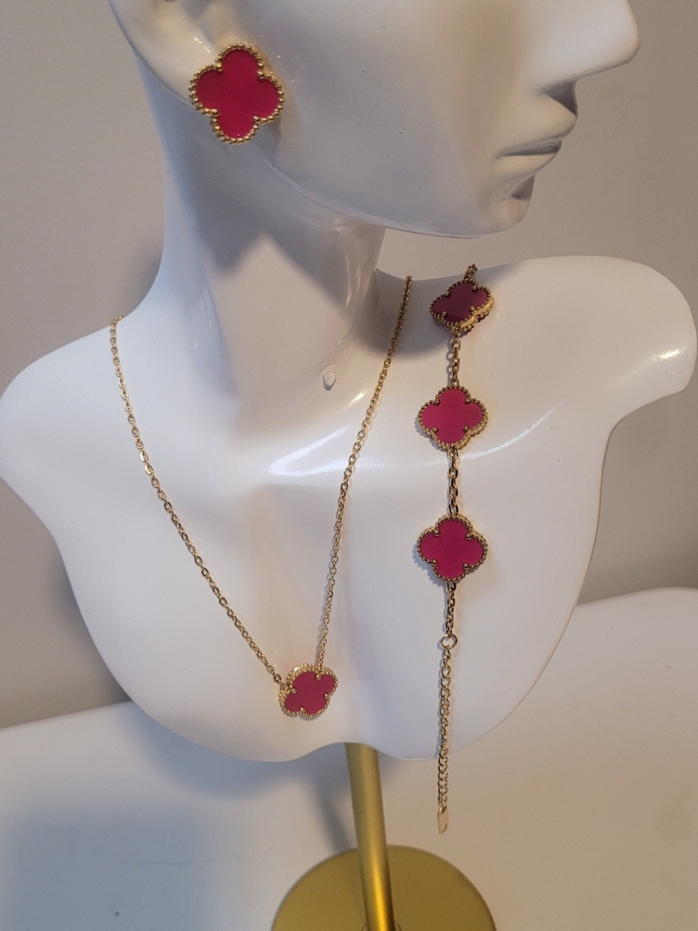 Gold-Tone Pink Clover Necklace, Bracelet & Earrings Set